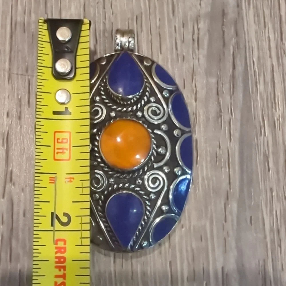 Tibetan Silver Lapis And Copal Pendant